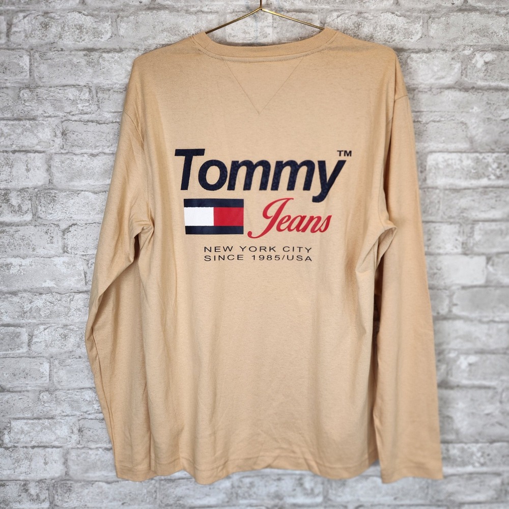 Tommy Jeans Tommy Hilfiger T-Shirt Long Sleeve Tan Cotton Logo Streetwear Medium